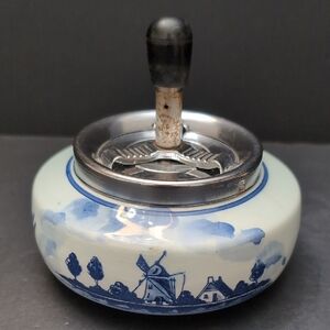 Vintage Delft Blue/White Pottery/Metal Round Hand-painted Ashtray.